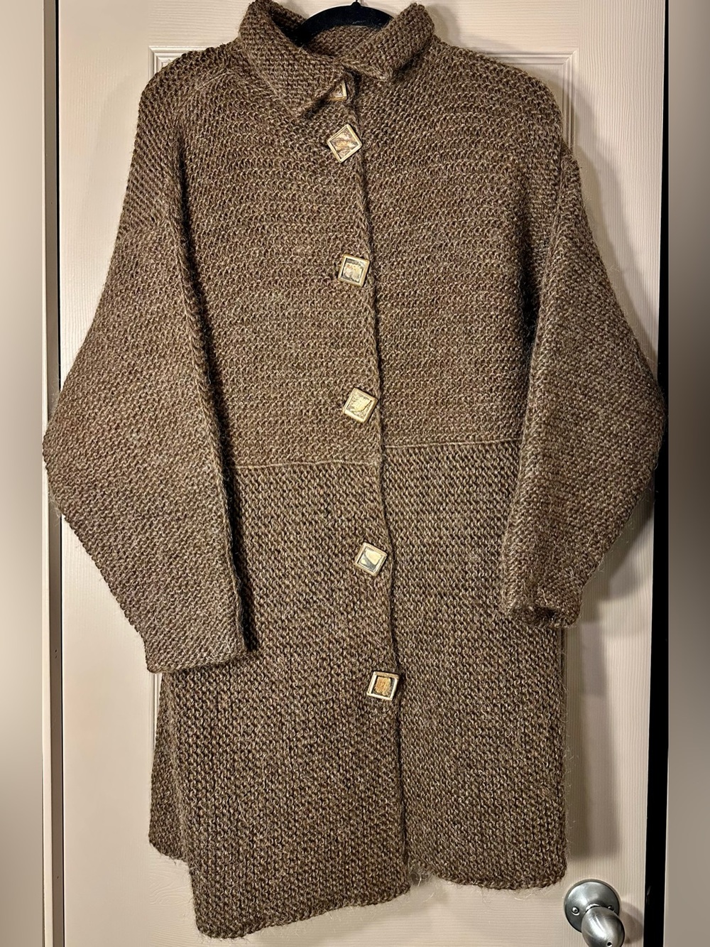 Long Brown Knit Button-Front Coat